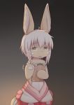 1girl :3 animal_ears clipboard commentary furry gradient gradient_background hatafuta holding horizontal_pupils made_in_abyss nanachi_(made_in_abyss) short_hair solo tail topless waving whiskers white_hair yellow_eyes 