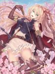  1girl :d arisa_(shadowverse) bangs bare_shoulders beige_dress belt blonde_hair blue_sky blush boots bow_(weapon) breasts brown_footwear cloud day elbow_gloves elf floating_hair gloves green_eyes hair_ribbon head_tilt high_heel_boots high_heels highres holding holding_bow_(weapon) holding_weapon long_hair looking_at_viewer medium_breasts neck_ribbon open_mouth outdoors petals pointy_ears purple_gloves quiver red_ribbon ribbon shadowverse sidelocks skirt sky sleeveless smile solo strap take_tw01 thigh_boots thighhighs weapon wind 