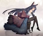  1girl alternate_costume animal_ears bangs bare_shoulders black_footwear black_hair black_legwear blue_cape boots breasts brick_floor building cape commentary_request detached_sleeves full_body highres imaizumi_kagerou large_breasts long_hair looking_at_viewer onion_(onion_and_pi-natto) outdoors pantyhose red_eyes red_sash reflection sash shirt sitting solo touhou very_long_hair waist_cape white_shirt wolf_ears 