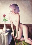 1girl aqua_eyes armchair ass breasts chair eyebrows_visible_through_hair flower highres kantai_collection looking_away millipen_(medium) nude open_mouth pink_hair red_flower rose shiranui_(kantai_collection) small_breasts solo table tesun_(g_noh) traditional_media watercolor_pencil_(medium) 