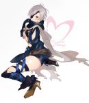  1girl belt blush boots breasts brown_eyes center_opening elbow_gloves eyepatch gloves granblue_fantasy grey_hair high_heel_boots high_heels highres nishikiya scarf short_hair short_shorts shorts signature sitting solo tanya_(granblue_fantasy) thigh_strap wariza white_background 