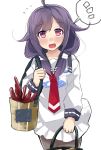  1girl :d absurdres ahoge apron bag black_legwear dokuganryuu eyebrows_visible_through_hair hair_flaps highres holding holding_bag kantai_collection long_hair looking_at_viewer low_twintails neckerchief open_mouth pantyhose purple_hair red_eyes red_neckwear school_uniform serafuku shopping_bag simple_background smile solo speech_bubble taigei_(kantai_collection) twintails white_background 