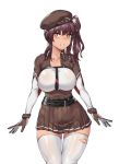  1girl bangs belt beret blush breasts brown_hair chest_strap collarbone cowboy_shot dark_skin eyebrows_visible_through_hair framed_breasts girls_frontline gloves hair_between_eyes hair_ornament hat highres large_breasts long_hair looking_at_viewer mimyo necktie parted_lips pleated_skirt purple_hair saiga-12_(girls_frontline) side_ponytail simple_background skindentation skirt solo thighhighs torn_clothes torn_legwear white_background white_legwear yellow_eyes zettai_ryouiki 