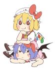  2girls arm_support ascot bat_wings black_footwear blue_hair blush bow brown_eyes brown_footwear chibi citrus_(place) collared_shirt commentary_request dot_nose dress fang flandre_scarlet frown full_body hair_between_eyes half_updo hat hat_bow legs_crossed lying mary_janes medium_hair mob_cap multiple_girls on_stomach pink_dress pink_headwear red_eyes red_neckwear red_vest remilia_scarlet shirt shoes short_eyebrows short_hair short_sleeves siblings side_ponytail simple_background sisters sitting sitting_on_person smile socks sweatdrop touhou vest white_background white_headwear white_legwear white_shirt wings yellow_neckwear 