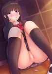 1girl anus ass bar_censor black_jacket black_legwear black_skirt blazer blurry blush bow bowtie brown_hair buttons censored collared_shirt covering_mouth depth_of_field dutch_angle hair_ornament hairclip hand_up hicha_nomu jacket kneehighs knees_up light_particles long_hair long_sleeves looking_at_viewer mary_janes miniskirt no_panties original plaid plaid_skirt pleated_skirt polka_dot polka_dot_bow purple_eyes pussy_juice red_neckwear ribbed_legwear school_uniform shirt shoes sidelocks sitting skirt solo striped striped_neckwear sweat tearing_up tears thighs tile_wall tiles undershirt vibrator white_footwear white_shirt wing_collar 