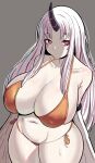  1girl abyssal_ship alternate_costume arms_behind_back bags_under_eyes bangs bikini black_horns breasts closed_mouth collarbone colored_skin covered_nipples curvy detached_sleeves gauntlets grey_background highres horns huge_breasts kantai_collection long_hair looking_at_viewer micro_panties navel orange_eyes orange_swimsuit pale_skin panties parted_bangs plump red_eyes seaport_princess shiny shiny_hair sideboob silver_hair simple_background single_horn solo standing string_bikini swimsuit thighs underwear white_hair white_skin 