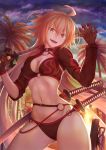  1girl ahoge bangs bikini black_bikini black_gloves black_jacket breasts choker cityscape cleavage cloud cowboy_shot eyebrows_visible_through_hair fate/grand_order fate_(series) gloves hair_between_eyes hand_up holding holding_sword holding_weapon jacket jeanne_d&#039;arc_(alter)_(fate) jeanne_d&#039;arc_(alter_swimsuit_berserker) jeanne_d&#039;arc_(fate)_(all) katana large_breasts light_particles long_hair looking_at_viewer multiple_swords o-ring o-ring_bikini outdoors palm_tree red_legwear sheath shrug_(clothing) silver_hair single_thighhigh solo sunset swimsuit sword take_tw01 thighhighs tree very_long_hair weapon yellow_eyes 