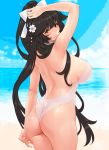  1girl animal_ears arm_up ass azur_lane beach black_hair blue_sky bow breasts commentary_request cowboy_shot dog_ears flower from_behind hair_bow hair_ears hair_flaps hair_flower hair_ornament hayama_kazusa highres impossible_clothes impossible_swimsuit large_breasts long_hair looking_at_viewer looking_back nipples one-piece_swimsuit see-through sky solo swimsuit takao_(azur_lane) takao_(beach_rhapsody)_(azur_lane) water white_bow white_swimsuit yellow_eyes 