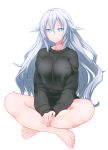  1girl bare_legs barefoot black_heart blush breasts feet highres indian_style large_breasts long_hair neptune_(series) open_clothes open_shirt shirt simple_background sitting smug solo symbol-shaped_pupils up_(mmmmmmmmss) white_background white_hair 