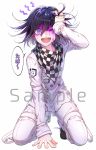  1boy :d black_footwear black_hair blood blood_on_face checkered checkered_scarf commentary_request danganronpa eyebrows_visible_through_hair fang hair_between_eyes hand_on_ground highres injury jacket kneeling long_sleeves looking_at_viewer male_focus medium_hair nanin new_danganronpa_v3 one_eye_closed open_mouth ouma_kokichi pink_blood purple_eyes purple_hair sample scarf shoes simple_background smile solo speech_bubble straitjacket tearing_up translation_request white_background 