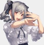  1girl :d arms_up black_neckwear black_ribbon breasts center_frills drill_hair frilled_shirt frilled_sleeves frills grey_background grey_hair hair_ribbon idolmaster idolmaster_cinderella_girls kanzaki_ranko kouzuki_kei long_hair looking_at_viewer neck_ribbon open_mouth outstretched_arm purple_eyes ribbon shirt short_sleeves simple_background smile solo twin_drills twintails upper_body upper_teeth white_shirt 