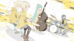  2boys 2girls aqua_hair bass_guitar blonde_hair blue_hair blush_stickers bow commentary cymbals dress drum drum_set drumsticks eyes_closed gyari_(imagesdawn) hair_bow hair_ornament hairclip hat hatsune_miku highres instrument jacket kagamine_len kagamine_rin kaito keyboard_(instrument) long_hair mini_hat mini_top_hat multiple_boys multiple_girls music playing_instrument sandals scarf short_hair sitting smile top_hat transparent twintails very_long_hair vocaloid yellow_dress yellow_headwear yellow_hoodie yellow_jacket yellow_suit 