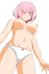  1girl :o blush bow bow_panties breasts cameltoe fate/grand_order fate_(series) from_below gluteal_fold hair_over_one_eye large_breasts looking_at_viewer looking_down mash_kyrielight navel nipples panties parted_lips pink_hair purple_eyes red_bow short_hair simple_background sin-go skindentation solo stomach tareme underwear underwear_only white_background white_panties 