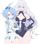  2girls bangs bare_shoulders black_heart blue_eyes blue_hair blush breasts cleavage covered_navel crossed_arms gloves hand_on_another&#039;s_head hand_on_hip leotard long_hair looking_at_viewer medium_breasts multiple_girls neptune_(series) power_symbol red_eyes short_hair_with_long_locks sidelocks symbol-shaped_pupils twintails up_(mmmmmmmmss) very_long_hair white_hair white_heart 