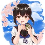  1girl black_hair blue_sky brown_eyes cherry_blossoms cloud commentary_request day eating food fubuki_(kantai_collection) kantai_collection looking_at_viewer low_ponytail ponytail remodel_(kantai_collection) sakura_mochi samiharu school_uniform serafuku short_ponytail sidelocks sky solo upper_body wagashi 