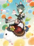  1girl :p animal_ears balloon bangs blunt_bangs blurry_foreground blush cake cat_teaser eating extra_ears eyebrows_visible_through_hair fat_cat_(ff14) final_fantasy final_fantasy_xiv food fork fox_ears green_eyes green_hair kanora lalafell pointy_ears riding shorts solo thighhighs tongue tongue_out white_legwear 