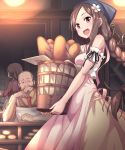  1boy 2girls apron arm_support basket braid bread brown_eyes brown_hair carrying character_request chihaya_72 dorothy_(princess_principal) flower food hair_flower hair_ornament head_rest head_scarf highres holding long_hair looking_at_viewer multiple_girls princess_principal 