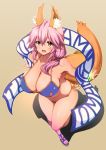  1girl animal_ears bikini blush bracelet breasts fang fate/grand_order fate_(series) fox_ears fox_tail from_above hair_between_eyes jewelry large_breasts looking_at_viewer open_mouth pink_hair sandals side-tie_bikini simple_background solo super_nekopunch swimsuit tail tamamo_(fate)_(all) 
