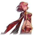  1girl armor bangs black_gloves breasts closed_mouth earrings eyelashes eyes_closed fingerless_gloves floating_hair framed_breasts gem gloves hair_ornament headpiece homura_(xenoblade_2) jewelry large_breasts leaning_back leotard neon_trim nintendo official_art pose red_hair red_shorts saitou_masatsugu short_hair short_shorts short_sleeves shorts sidelocks skin_tight solo standing swept_bangs thighhighs tiara transparent_background turtleneck underbust vambraces xenoblade_(series) xenoblade_2 