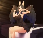  1girl ;o animal_ears artist_name bat_ears bat_girl bat_wings bed black_hair blush breasts commentary commentary_request commission dust_particles english_commentary eyebrows_visible_through_hair eyes_visible_through_hair kuroonehalf large_breasts light_rays long_hair looking_at_viewer nightgown on_bed one_eye_closed open_mouth original purple_eyes rubbing_eyes sitting sleepy solo wings yawning 