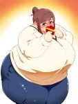  1girl breasts brown_eyes brown_hair chef highres huge_breasts obese squarewave 