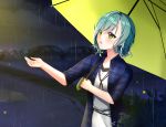  1girl aqua_hair bang_dream! bangs blue_jacket blurry blurry_background braid bridge cloud cloudy_sky collared_jacket commentary_request depth_of_field dress eyebrows_visible_through_hair fireflies green_eyes hair_between_eyes hikawa_hina holding holding_umbrella jacket looking_away mamel_27 night night_sky open_clothes open_jacket overcast plaid plaid_jacket puddle rain reflection river short_sleeves side_braids sky solo twin_braids umbrella water white_dress yellow_umbrella 
