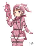  1girl animal_ears animal_hat artist_name bangs blush brown_hair bullpup bunny_ears commentary_request eyebrows_visible_through_hair fur_trim gloves gun hat highres holding jacket llenn_(sao) long_sleeves looking_at_viewer p-chan_(p-90) p90 pants pink_gloves pink_headwear short_hair signature simple_background smile solo submachine_gun sword_art_online sword_art_online_alternative:_gun_gale_online weapon white_background yumoto_motoyu 