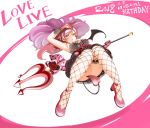  1girl 2018 bow breasts commentary_request dated demon_tail demon_wings fishnet_legwear fishnets flower gloves green_eyes happy_birthday highres holding holding_weapon large_breasts love_live! love_live!_school_idol_festival love_live!_school_idol_project mini_wings mismatched_wings pink_footwear pink_gloves polearm pumps purple_hair red_flower red_rose rose shiro_murasaki solo spaghetti_strap strap_gap tail tail_censor thighhighs toujou_nozomi trident upskirt weapon wings 