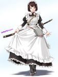  1girl alternate_costume apron black_dress brown_eyes brown_hair commentary_request dress enmaided frilled_apron frills full_body hyuuga_(kantai_collection) kantai_collection katana looking_at_viewer maid maid_headdress mary_janes shadow shoes short_hair silver_shoes smile solo standing sword tatsumi_ray twitter_username weapon white_apron white_background 