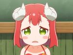  1girl blurry blurry_background blush chibi commentary_request d: endro! eyebrows_visible_through_hair face fangs green_eyes horns indoors long_hair looking_at_viewer mao_(endro!) open_mouth portrait red_hair shirosato short_hair solo 