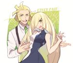  1boy 1girl :d artist_name bare_arms bare_shoulders blonde_hair blush breasts collared_shirt creatures_(company) dress forehead game_freak green_eyes green_neckwear hair_over_one_eye husband_and_wife kusuribe long_hair long_sleeves looking_at_viewer lusamine_(pokemon) mature medium_breasts mohn necktie nintendo open_mouth pokemon pokemon_(anime) pokemon_sm_(anime) round_teeth shirt sleeveless sleeveless_dress smile suspenders teeth two-tone_dress upper_body upper_teeth v-shaped_eyebrows very_long_hair white_shirt 