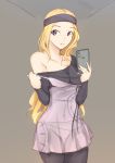  1girl blonde_hair blush breasts cellphone commentary_request headband highres holding holding_phone kkyz13 long_hair mifune_chihaya pantyhose partially_undressed persona persona_5 phone purple_eyes purple_legwear see-through smartphone smile solo 