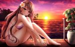  1girl bare_arms bare_legs bare_shoulders barefoot bikini blush breast_press breasts brown_eyes brown_hair closed_mouth cloud feet flower frilled_bikini frills full_body fushimi_(fukumi) gradient_sky hair_flower hair_ornament hands_on_feet large_breasts leaning_forward long_hair looking_at_viewer ocean on_floor original plant potted_plant purple_bikini reflection sideboob sitting sky smile solo sun sunlight sunset swimsuit toes very_long_hair water white_flower wooden_floor 