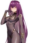  1girl alternate_costume bodysuit bracelet breasts covered_navel eyebrows_visible_through_hair fate/grand_order fate_(series) gold hair_intakes hand_to_own_mouth highres impossible_bodysuit impossible_clothes jewelry long_hair looking_at_viewer medium_breasts parted_lips purple_hair red_eyes scathach_(fate)_(all) scathach_(fate/grand_order) simple_background solo very_long_hair vic white_background 