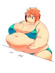  1girl belly blush bongo_cat breasts brown_eyes cleavage fat highres huge_breasts meme obese orange_hair short_hair solo squarewave twitter 