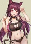  1girl animal_ears bangs bell bell_choker black_panties blush bra breasts cat_cutout cat_ear_panties cat_ears cat_lingerie choker cleavage cleavage_cutout eyebrows_visible_through_hair girls_frontline jingle_bell large_breasts long_hair looking_at_viewer meme_attire navel panties purple_hair qian_wu_atai red_eyes ribbon side-tie_panties solo tail thighs underwear underwear_only very_long_hair wa2000_(girls_frontline) 