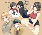  3girls abenattou abs bike_shorts black_hair blonde_hair blush breasts caesar_(girls_und_panzer) closed_mouth covered_eyes covered_mouth erect_nipples erwin_(girls_und_panzer) girls_und_panzer glasses grey_eyes hat large_breasts looking_at_viewer midriff military military_uniform monochrome_background multiple_girls navel orange_background oryou_(girls_und_panzer) shiny shiny_clothes shiny_hair short_hair shorts simple_background smile tank_top translation_request uniform 