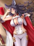  1girl animal_ears bangs bare_shoulders black_hair blush breasts cameltoe cape cleavage cloak_removed collarbone covered_navel erect_nipples erune gloves granblue_fantasy groin hair_between_eyes hands_up highres ilsa_(granblue_fantasy) large_breasts long_hair looking_at_viewer lying meropan on_back pants red_eyes solo 