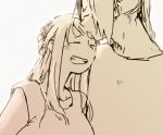  1boy 1girl bangs clenched_teeth couple edward_elric expressionless eyes_closed fingernails forehead_kiss fullmetal_alchemist greyscale hand_on_another&#039;s_head happy hetero igi_(tarqu0ise) kiss long_hair monochrome shirt simple_background smile teeth upper_body white_background winry_rockbell 