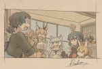  5girls :d animal_ear_fluff animal_ears artist_name bag black_gloves black_hair blonde_hair blue_eyes bow bowtie caracal_(kemono_friends) caracal_ears commentary cup curtains dog_(mixed_breed)_(kemono_friends) dog_ears english_commentary extra_ears eyebrows_visible_through_hair fang gloves grey_hair grocery_bag heterochromia highres indoors kaban_(kemono_friends) kemono_friends kyururu_(kemono_friends) looking_at_another multiple_girls open_mouth pueblo serval_(kemono_friends) serval_ears serval_tail shopping_bag short_hair short_ponytail shoulder_bag signature smile tail teapot window yellow_eyes |d 