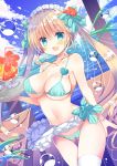  1girl aqua_eyes bikini blonde_hair breasts bubble cleavage cup day drink drinking_glass drinking_straw flower hair_flower hair_ornament hashimo_yuki heart hibiscus highres large_breasts long_hair maid_bikini moe2018 navel original smile solo swimsuit twintails very_long_hair 