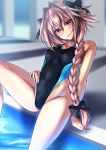  1boy 1girl absurdres andouyu astolfo_(fate) black_swimsuit braid bulge commentary_request competition_swimsuit cowboy_shot erect_nipples fate/apocrypha fate/grand_order fate_(series) hair_intakes head_tilt highres long_braid long_hair multicolored multicolored_clothes multicolored_hair multicolored_swimsuit one-piece_swimsuit pink_hair poolside purple_eyes single_braid sitting solo streaked_hair swimsuit trap wavy_mouth white_hair 
