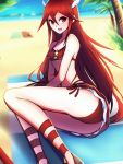  beach beach_towel bikini breasts day feather_hair_ornament fire_emblem fire_emblem:_kakusei fire_emblem_heroes hair_between_eyes long_hair lying midriff nintendo ocean on_side open_mouth palm_tree phiphi-au-thon red_bikini red_eyes red_hair ribbon small_breasts smile solo_focus straight_hair swimsuit thighs tiamo towel tree twitter_username 