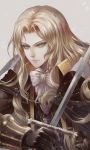  1boy alucard_(castlevania) angel31424 black_gloves blonde_hair bow cape castlevania commentary_request eyebrows_visible_through_hair gloves holding holding_sword holding_weapon jacket leather leather_gloves leather_jacket long_hair looking_at_viewer male_focus simple_background solo sword translation_request weapon white_bow white_neckwear 