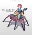  1girl bandanna bug cap female full_body hand_on_leg insect_girl jacket looking_at_viewer maruneko monster_girl simple_background solo spider_girl 