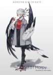  1girl claws coat feathered_wings female harpy looking_at_viewer maruneko monster_girl simple_background solo wings 