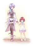  2girls anakris aqua_(kingdom_hearts) artist_name black_legwear blue_eyes blue_hair detached_sleeves dress eating eyebrows_visible_through_hair fingerless_gloves food full_body gloves grass hand_holding highres ice_cream kairi_(kingdom_hearts) kingdom_hearts kingdom_hearts_birth_by_sleep light_blush looking_at_another multiple_girls popsicle red_hair sandals sash short_dress short_hair short_shorts shorts simple_background sleeveless smile strap thigh_gap thighhighs twitter_username walking 