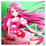  1girl border bow cure_whip dress earrings food fruit gloves hair_down highres jewelry kirakira_precure_a_la_mode long_hair niita pink_eyes pink_hair precure short_sleeves smile strawberry usami_ichika white_border 