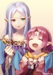  2girls ane-suisei dress eyes_closed fa facial_mark fire_emblem fire_emblem:_fuuin_no_tsurugi fire_emblem_heroes flag forehead_mark green_eyes heterochromia highres holding holding_flag idoun long_hair long_sleeves mamkute multiple_girls nintendo open_mouth parted_lips pointy_ears purple_hair red_eyes sidelocks simple_background strapless strapless_dress twitter_username upper_body 