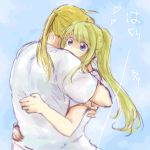  1boy 1girl bangs blonde_hair blue_eyes dated edward_elric expressionless eyebrows_visible_through_hair facing_away floating_hair fullmetal_alchemist hand_on_another&#039;s_back hand_on_another&#039;s_hip heart hug long_hair looking_away number ponytail shirt short_sleeves translation_request tsukuda0310 white_shirt wide-eyed winry_rockbell 